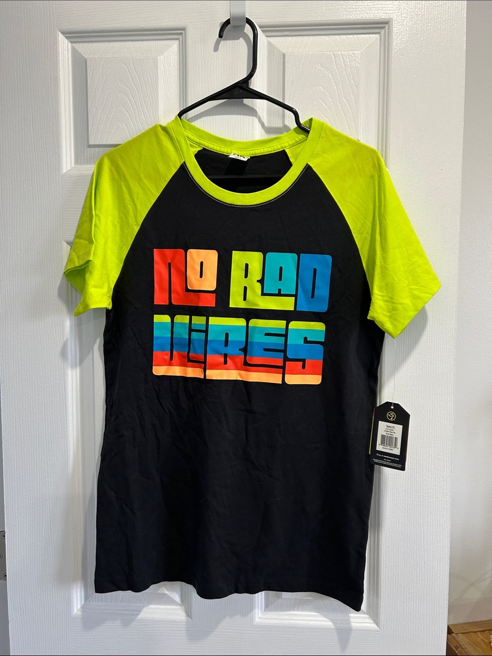 Zumba Fitness Black Tee with Neon Green Sleeves and Multicolor Graphic